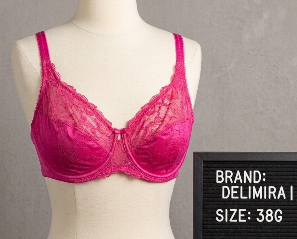 NWT Delimira Non Padded Lace Minimizer Underwire Bra 38G Bright Rose Hot Pink